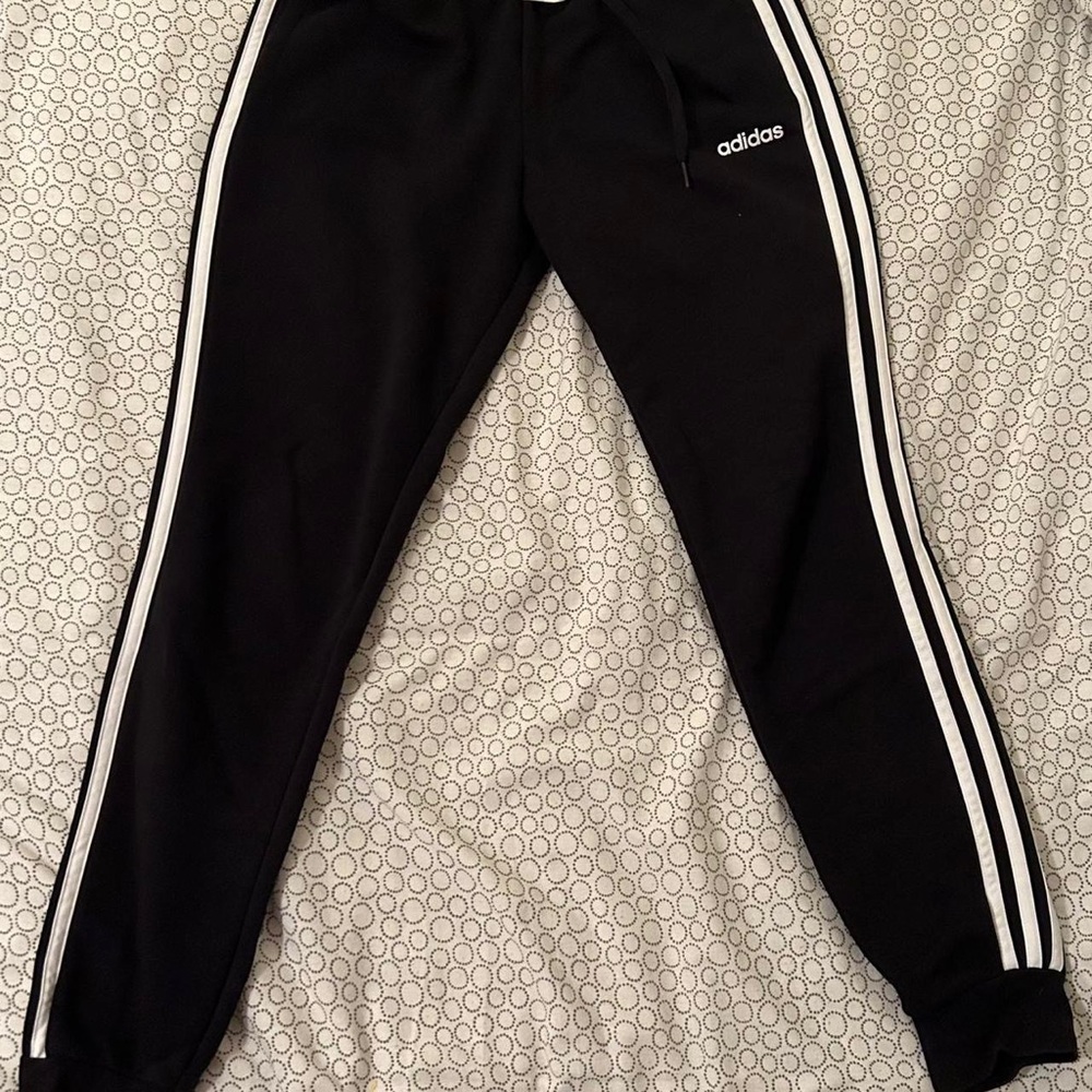 black cotton Adidas sweatpants, LIKE NEW, stripe all the way down the leg